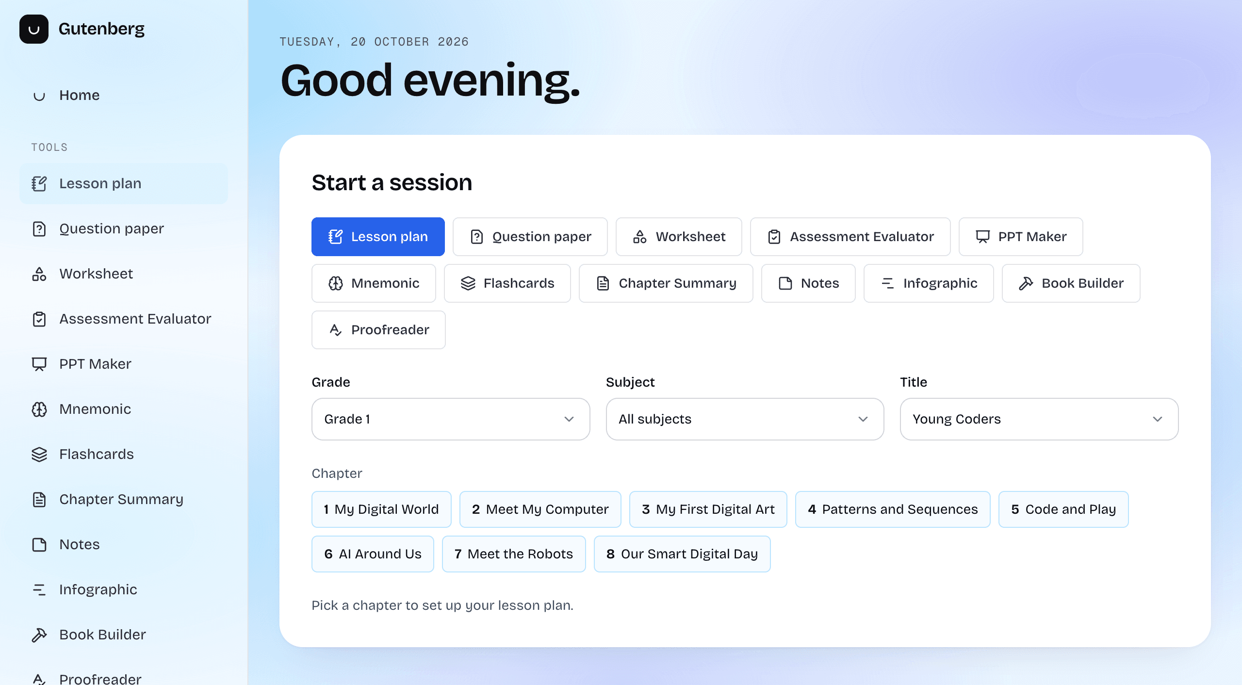 The Gutenberg workspace: pick a tool, a book and a chapter, then create.